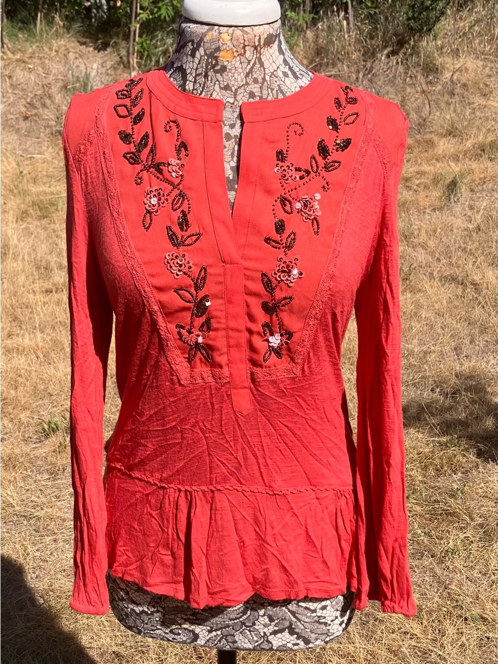 Embroidered Long-Sleeve Peplum Tunic